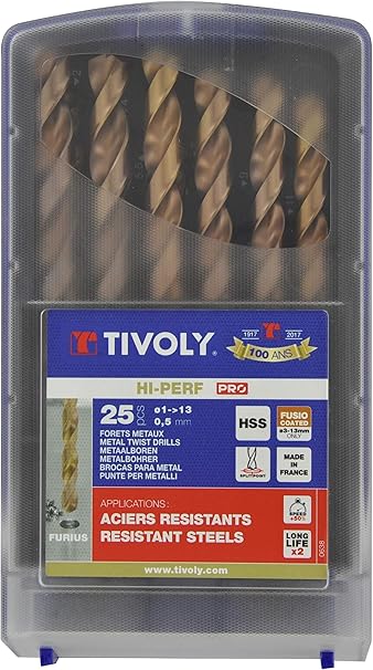 Tivoly 11454170017 G Box Of 25 Metal Drill Bits Din 338 Furius Hss Coated Fusio Diameter 1 To 13 Mm Amazon Com