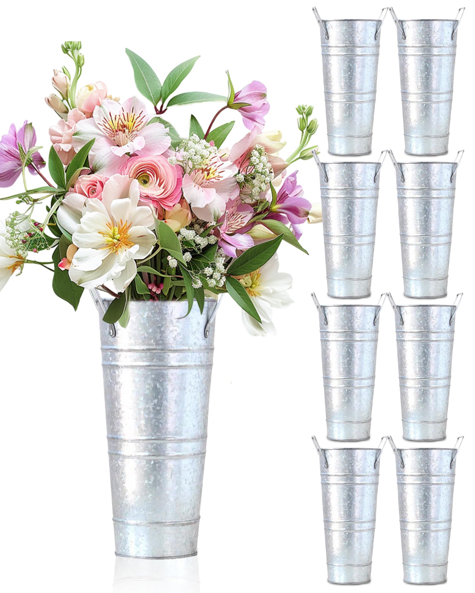 Photo 1 of 10 Inch Galvanized Flower Buckets - 8 PCS Galvanized Metal Vases for Flowers Tin Flower Holders for Home Decor Wedding Centerpieces Indoor Outdoor Use