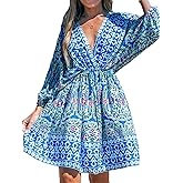 CUPSHE Women's Plunging V Neck Backless Beach Dress Paisley Boho Blouson Sleeve Back Tie Waist Tie Mini Summer Dresses, Blue S