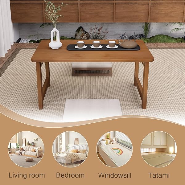 MHIUSI FLOOR COFFEE TABLE FOR LIVING ROOM, JAPANESE FOLDING LOW DINING TABLE, NO ASSEMBLY FOLDABLE TATAMI TEA TABLE – NATURAL SOLID WOOD BAMBOO, RECTANGLE GROUND DESK FOR SMALL SPACES (WALNUT)