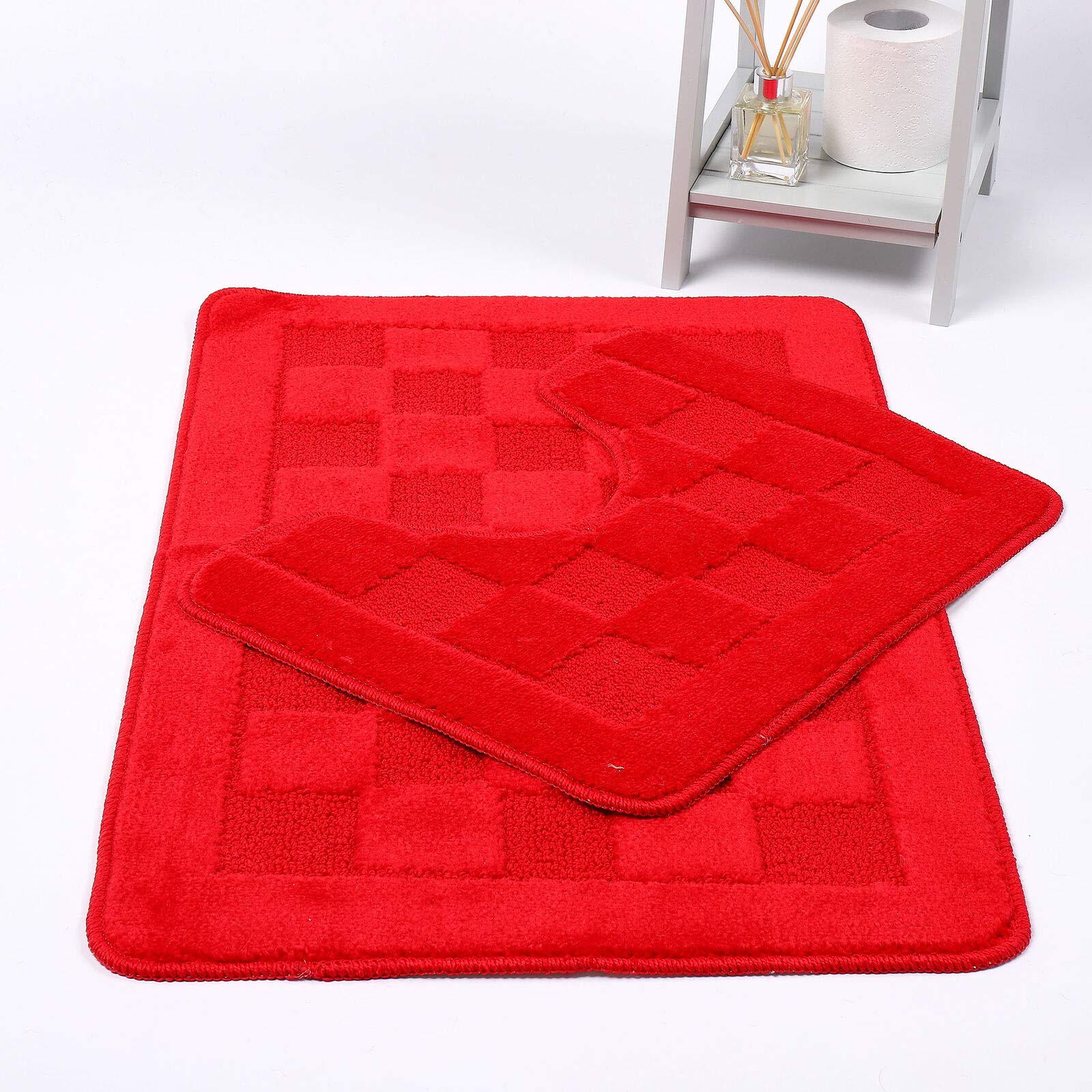 NIGHTZONE Squares 2 Piece Bath Mat & Pedestal Set Non Slip Extra Absorbent Bathroom Toilet Rug Bath Mats Set (Red)