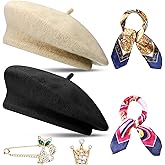 SATINIOR 6 Pieces Wool Beret Hat with Silky Scarf Brooch Solid Color French Beanie Hat for Women