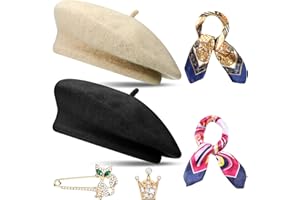 SATINIOR 6 Pieces Wool Beret Hat with Silky Scarf Brooch Solid Color French Beanie Hat for Women