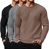 August Alley 3 Pack Men's Waffle Long Sleeve Shirts, Crew Neck Thermal Textured Underwear Tops Lightweight Pullover Sweaters