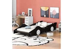 Harper & Bright Designs Twin Size Race Car-Shaped Platform Bed with Wheels, Wooden Platform Bed Frame with Support Slats, Twin Floor Bed for Kids Boys Girls Teens, Black