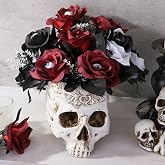 Halloween Skull Decor: Gothic Vintage Skull Head Planter Pot Vase with Black Red Roses Flowers, Skeleton Halloween Decorations Indoor Centerpieces for Table Desk Home Office Mantel Shelf Party Gifts