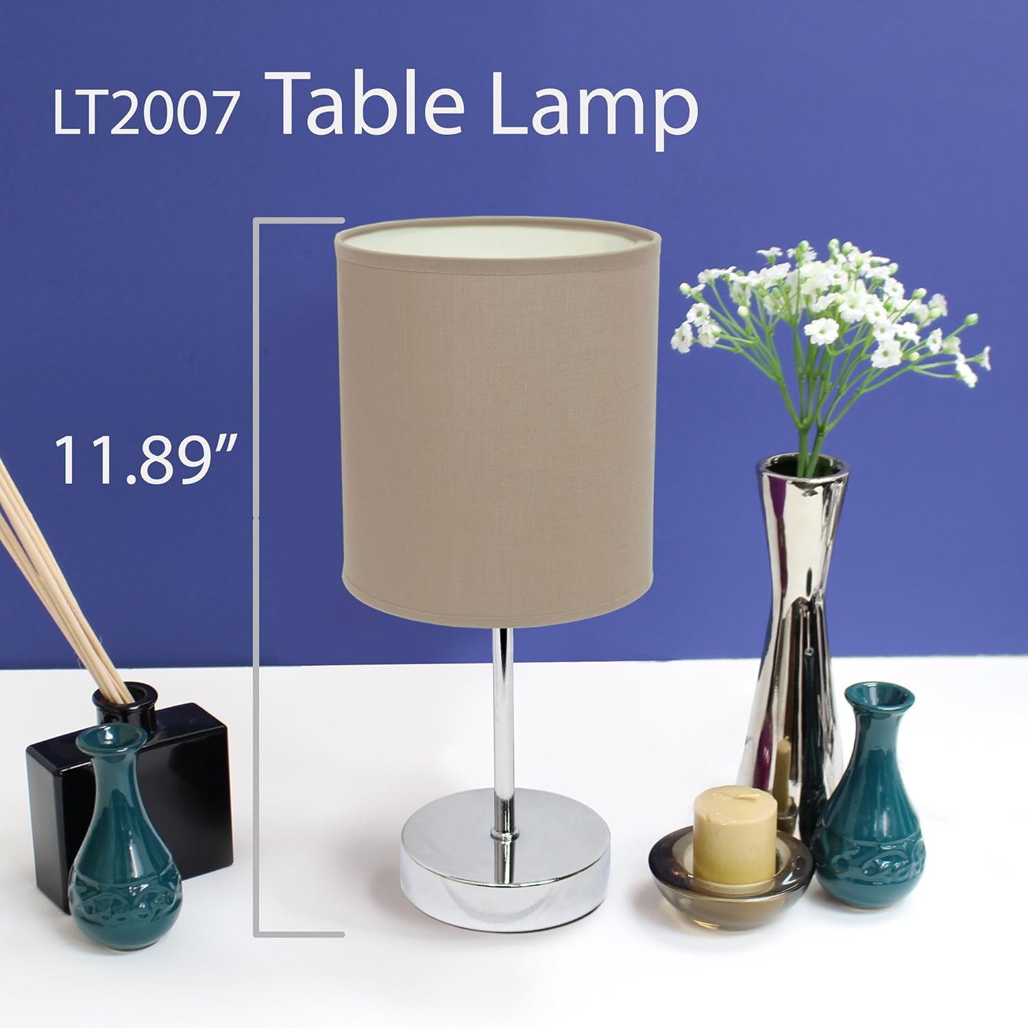 Simple Designs LT2007-GRY Chrome Mini Basic Table Lamp with Fabric Shade, 11.89 x 5.51 x 5.51, Gray - - 
