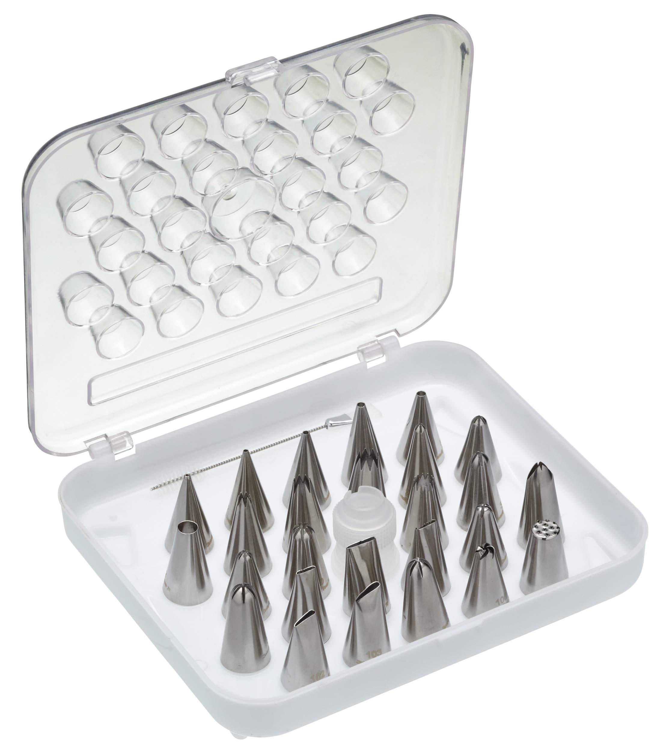 KitchenCraft Sweetly Does It Cake Decorating Icing Nozzles with Coupler, Brush and Case, Stainless Steel, 28-Piece Piping Set