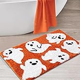 Estmy Cute Orange Ghost Bath Mat Non Slip Machine Washable 16’’x24’’ Spooky Funny Halloween Bath Rug Bathroom Decor, Soft Shaggy Microfiber Scary Spirit Fall Bathroom Shower Floor Mat Absorbent