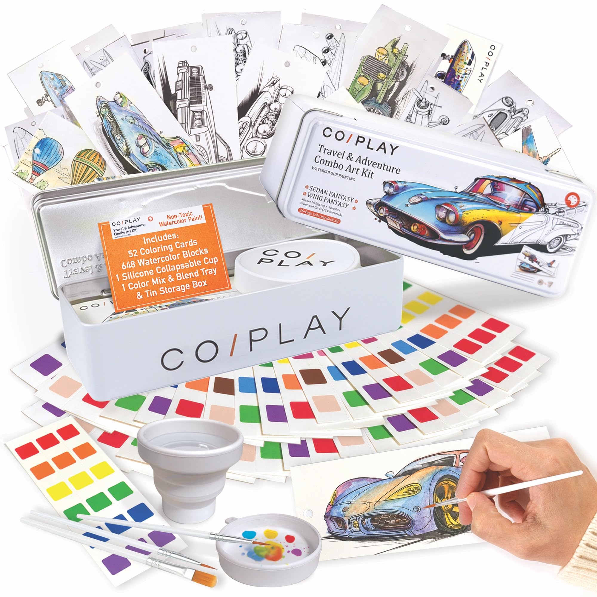 COIPLAY 648 Color Blocks Watercolor Paint Set, 52-Bookmarks, 3 Brushes, Silicone Cup, Travel & Adventure Coloring Books, for All Ages, Travel-Friendly, Easy to Use,All in One Art Supplies Craft kit