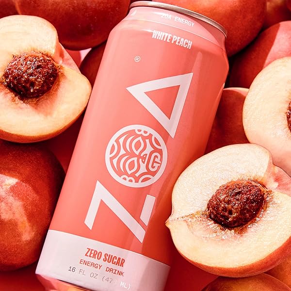 ZOA ZERO SUGAR ENERGY DRINKS, WHITE PEACH – SUGAR FREE WITH ELECTROLYTES, HEALTHY VITAMIN C, AMINO ACIDS, ESSENTIAL B-VITAMINS, AND CAFFEINE FROM GREEN TEA – 16 FL OZ (12-PACK)