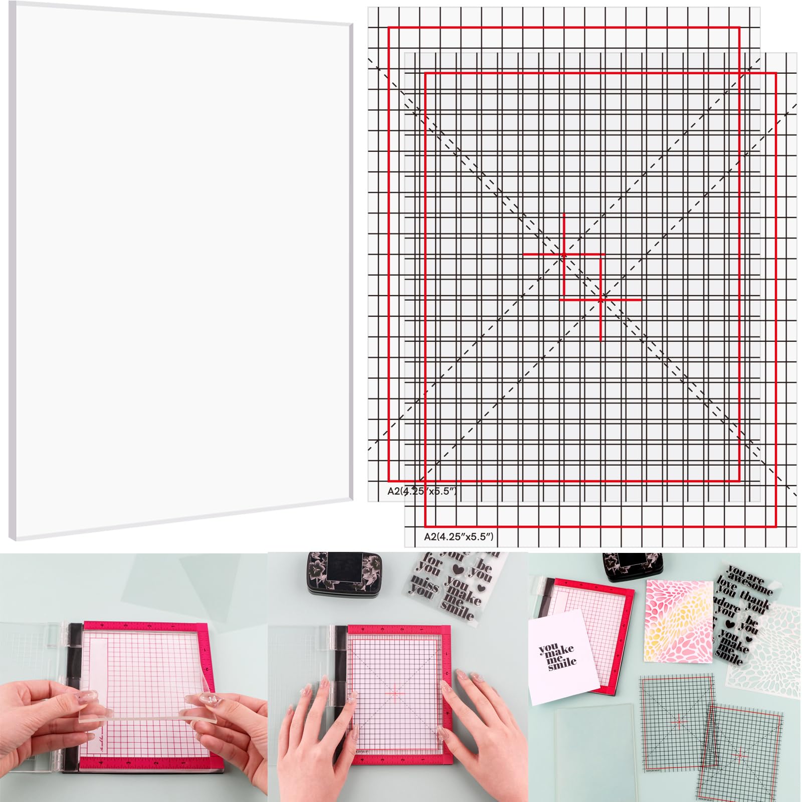4.75x6" Photopolymer Grip Mat with 2PCS Printed Guides for Stamping,Multi-Use Non-Slip Sticky Mats Fit In Stamp Positioning Tool for Card Making Hold Your Cardstock In Place When Stamping,Stencil