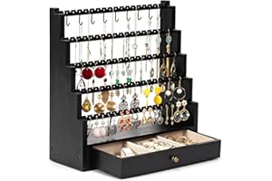 Pinzoveco Earring Organizer, 5 Layer Earring Holder Organizer with Metal Necklace Holder Pole, Rustic Wood Jewelry Organizer Stand Display for Stud Earring Bracelet Necklace Ring, 175 Earring Holes