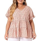 Agnes Orinda Plus Size Women's Blouse Summer Tops V Neck Short Sleeve 2025 Boho Floral Babydolls Blouses