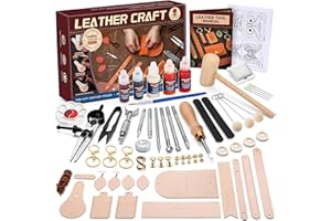 CBHGFEA Leather Crafting Kit: Leather Working Tools and Supplies for DIY Craft Beginners Stamping Dyeing Carving Sewing Edge Sealing with Video Tutorials for Earrings Wallet Keychain Wristband Bookmark