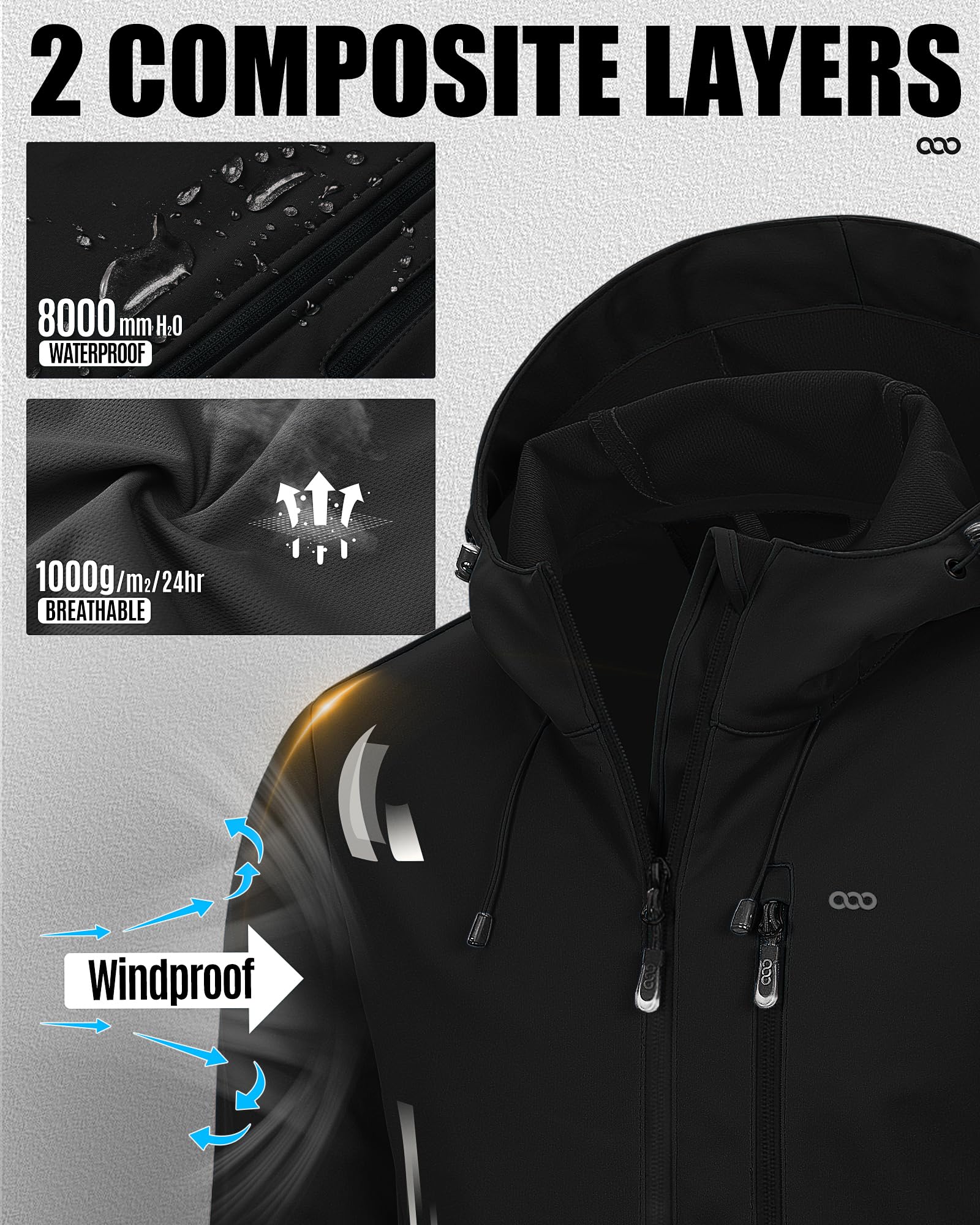 33,000ft Herren Softshelljacke Wasserbeständige Winddichte Funktionsjacke Atmungsaktive Übergangsjacke Leichte Fahhradjacke mit Kapuze Ohne Fleecefutter Schwarz XL 3