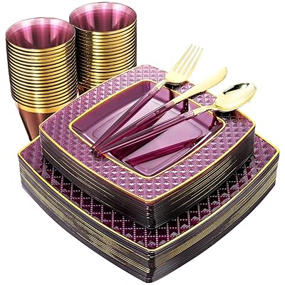 Buy Nervure 150pcs Purple With Gold Square Plastic Plates Gold Silverware With Purple Handle Include 25 Dinner Plates 25 Dessert Plates 25 Cups 25 Forks 25 Knives 25 Spoons Purple Party Supplies Online In Turkey B08jgl3y96