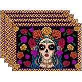 XCHI Day of The Dead Roses Placemats Set of 4 Table Decor 12x18 Inch | Sugar Skull Flower Dia De Los Muertos Mexican Table Mats for Party Kitchen Dining Home Decorations