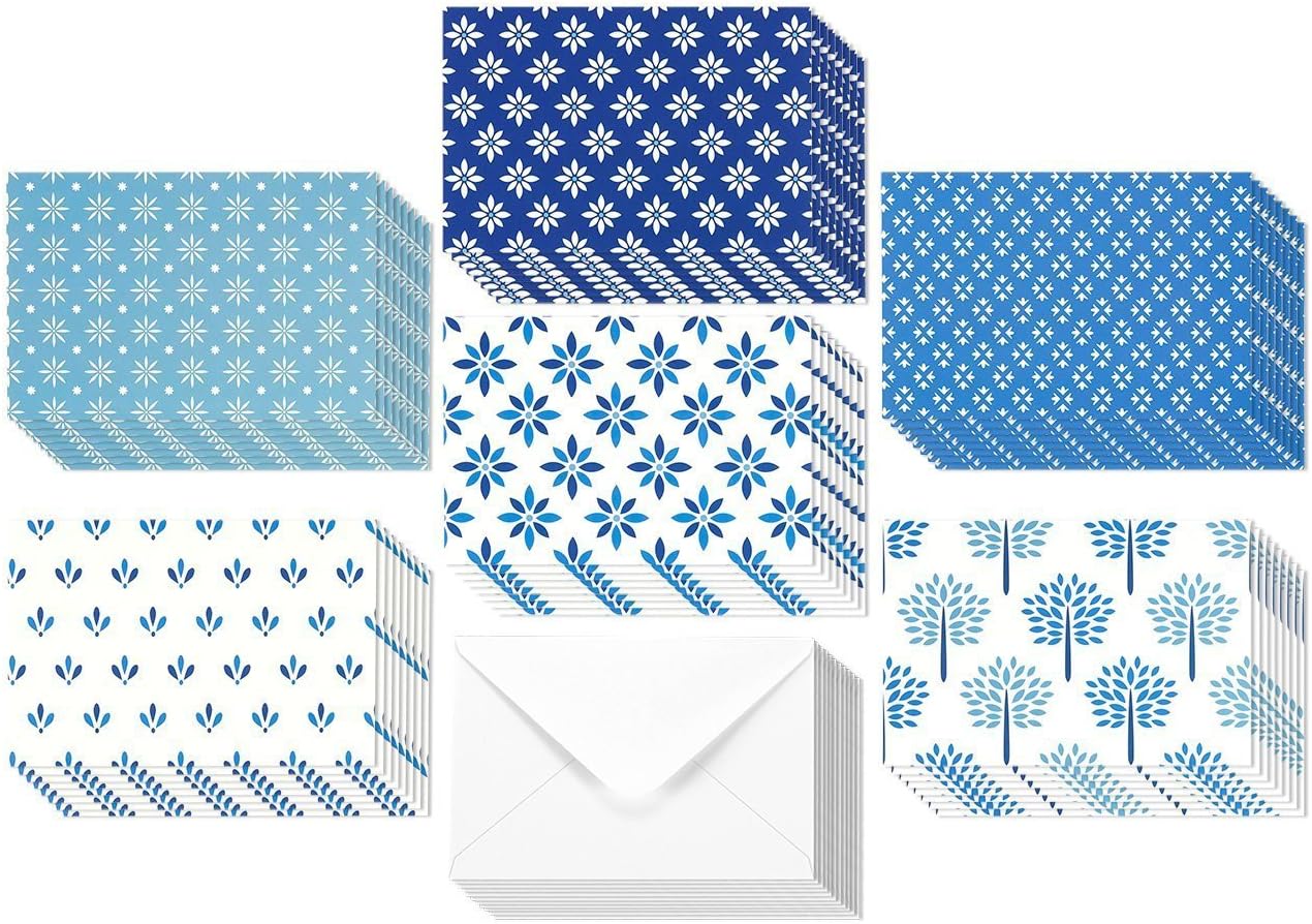 48 Pack All Occasion Assorted Blank Note Cards Greeting Card Bulk Box Set - Shades of Blue Floral Foliage Designs - Notecards with Envelopes Included 4 x 6 inches : Office Products