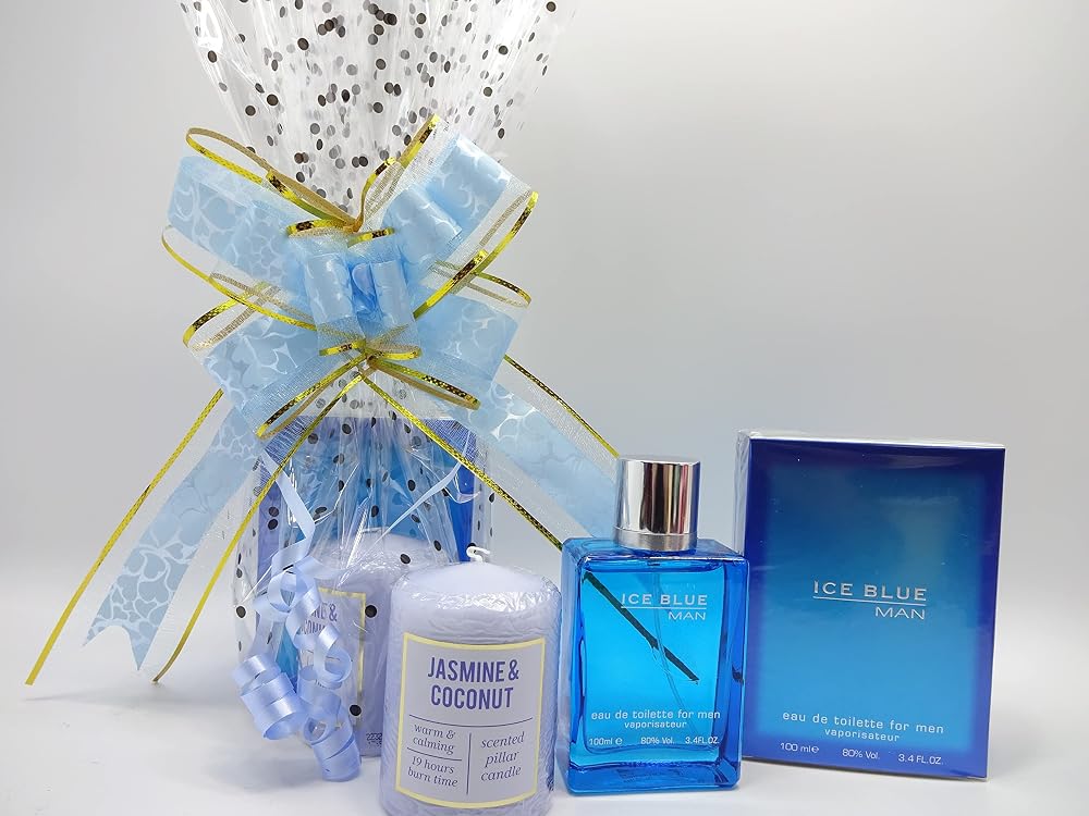Glory Cosmetics ICE BLUE MAN 100ml EDT For Men Scented Candle Gift Hamper