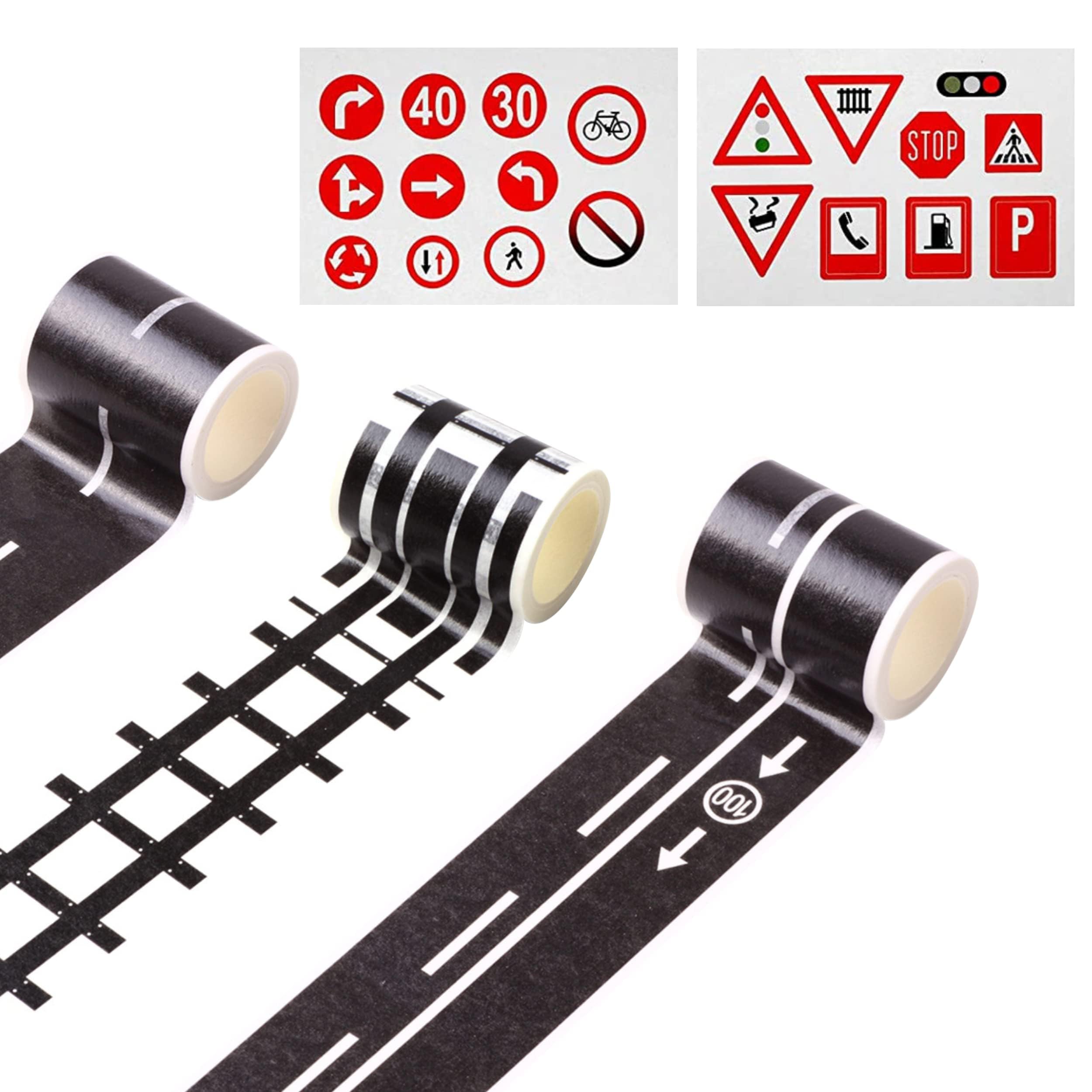 QINCAWIN 3 Pcs Road Tape For Toy Cars, Black, 1 Meter Each, Set Includes 2 Sheets of Road Signs Sticker Tape Roll, Ideal For DIY Traffic Road, Arts And Craft, Festive Decoration