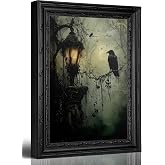 Framed Dark Academia Vintage Lantern Raven Canvas Wall Art 9x11in | Gothic Crow Forest Picture Wall Decor Victorian Halloween Print Artwork for Living Room Bedroom Home Decoration