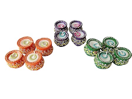 Indian Art & Crafts Handmade Designer Diya Matki/Matka/Handi Candle Wax Clay Diya for Diwali Puja Pooja Decoration Set of 12 Terracotta Deepak Diya