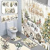 FuWeave 8 Pcs Christmas Shower Curtain Set Xmas Santa Bathroom Decoration Christmas Tree Hand Towels Snowman Toilet Lid Cover Bathroom Rugs Xmas Shower Curtain with Hooks (Vintage Style)