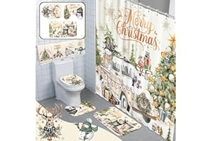 FuWeave 8 Pcs Christmas Shower Curtain Set Xmas Santa Bathroom Decoration Christmas Tree Hand Towels Snowman Toilet Lid Cover Bathroom Rugs Xmas Shower Curtain with Hooks (Vintage Style)