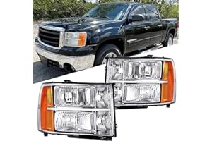 APSVE Headlights Assembly compatible with 2007 2008 2009 2010 2011 2012 2013 GMC Sierra 1500, 07-14 GMC Sierra 2500HD 3500HD Head Light Headlamp, Chrome Housing Amber Reflector