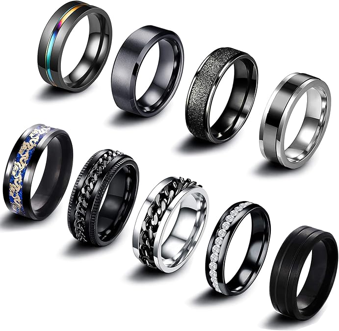 EIELO 9Pcs Stainless Steel Band Rings for Men Women Cool Fidget