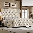 Keyluv Queen Size 54.3” Tall Platform Bed Frame with Deep Button Tufted Wingback Headboard and Footboard, Velvet Upholstered Bed Frame with Handmade Pleats, No Box Spring Needed, Beige/Cream