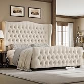 Keyluv King Size 54.3" Tall Bed Frame with Wingback Headboard &amp; Footboard | Velvet Upholstered Platform Bed with Deep Button Tufted &amp; Handmade Pleats, No Box Spring Needed, Easy Assembly, Beige/Cream