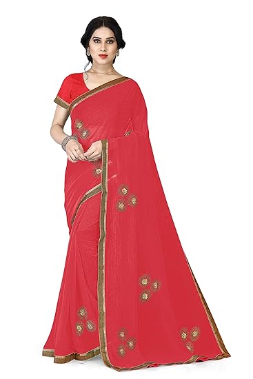 Womens Chiffon Traditional Patch Work & Lace Border Work Saree With Un-stitched Blouse Piece