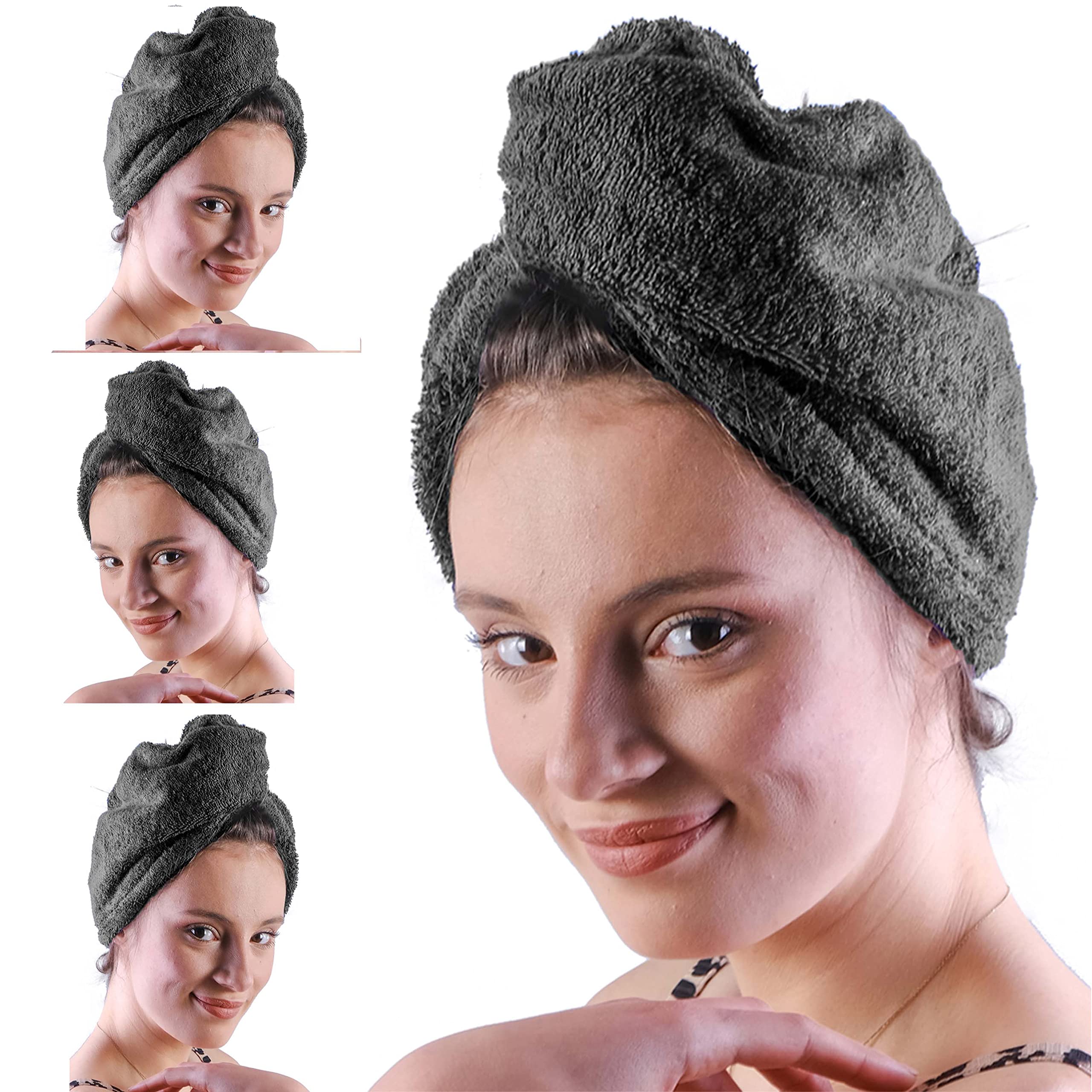 LLAMAXY 100% Pure Organic Cotton Hair Towel - Quick Twist Rapid Dry Turban Cap for Adults and Children - 3 Pack Grey