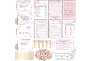 Funnymoom 426 Pcs Pink Bow Baby Shower Games Set-8 Games, Includes Baby Shower Bingo, Price is Right, Guess Who, Word Scramble, Prediction and Advice, How Big is Mommy's Belly, Don't Say The Words