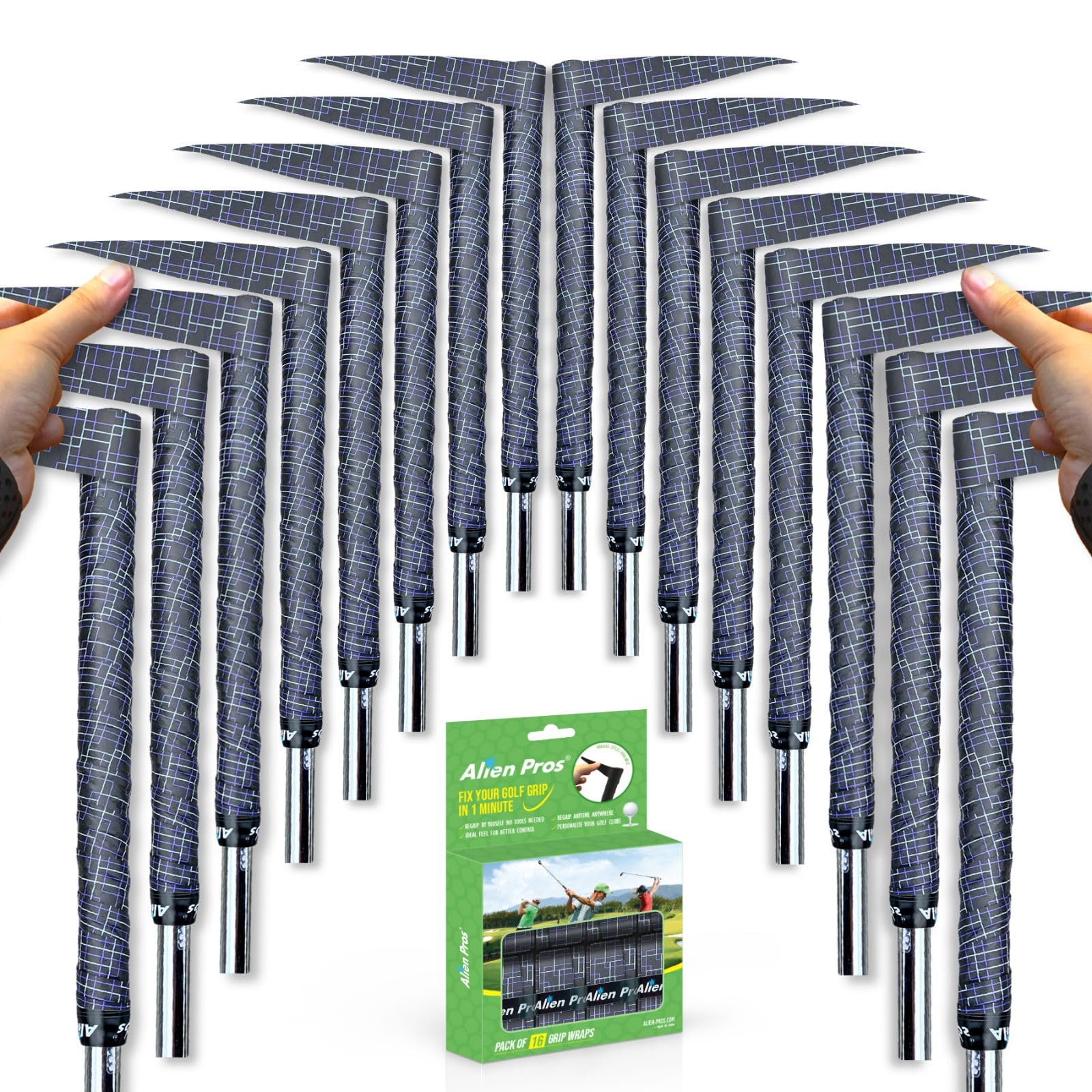 Alien Pros Golf Grip Wrapping Tapes (16-Pack) - Innovative Golf Club Grip Solution - Enjoy a Fresh New Grip Feel in Less Than 1 Minute (16-Pack, Black Puzzles)