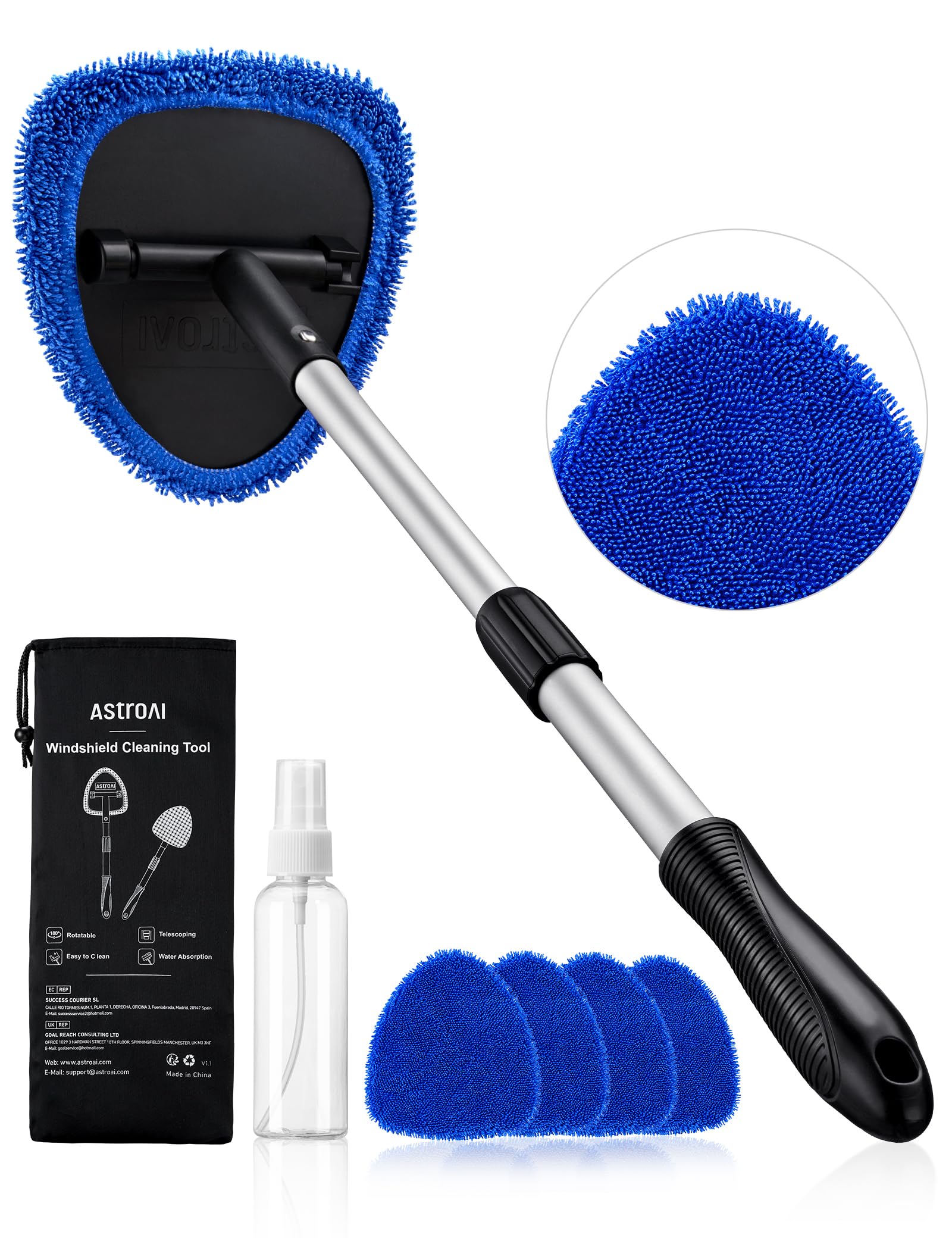 AstroAI Windshield Cleaner, Car Windshield Cleaning Tool Inside with 4 Reusable and Washable Microfiber Pads and Extendable Handle Auto Glass Wiper Kit, Yellow