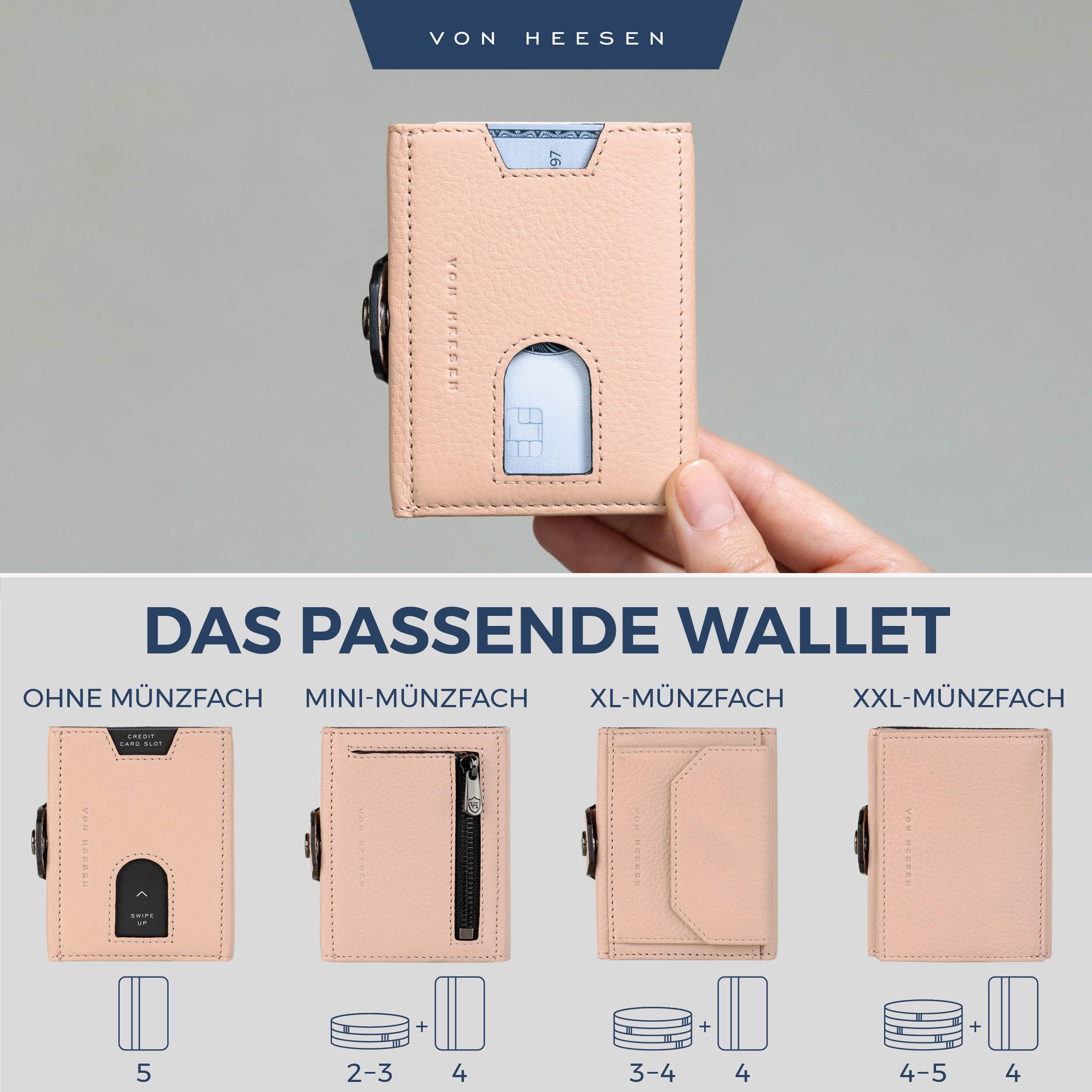 VON HEESEN Airtag Slim Wallet mit RFID-Schutz - Airtag Portmonee Herren klein aus echtem Leder - Mini Geldbörse - Kreditkartenetui Kartenetui - Portemonnaie Geldbeutel (Rose) 6