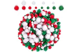 BQTQ 1200 Pieces Christmas Pom Pom Tinsel Balls Glitter Fluffy for Craft Making and Decorations (4 Sizes, White, Green, Red)