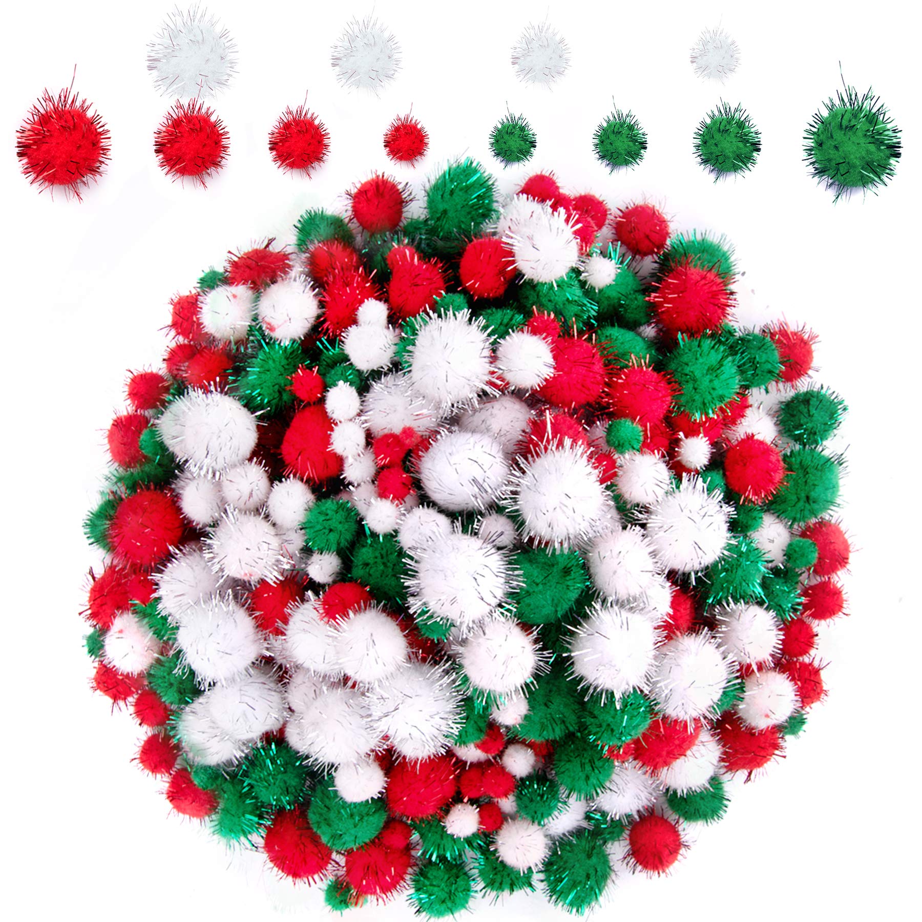 BQTQ 1200 Pieces Christmas Pom Pom Glitter Red White Green Mini Pom Pom Fluffy Tinsel Pom Pom Balls for Craft Making and Christmas Decorations, 4 Sizes
