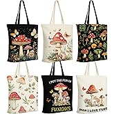 Paterr 6 Pack Mushroom Tote Bags for Women Reusable Canvas Tote with Inner Zipper Pocket Bag Fun Gifts for Mushroom Lovers Birthday Stuff