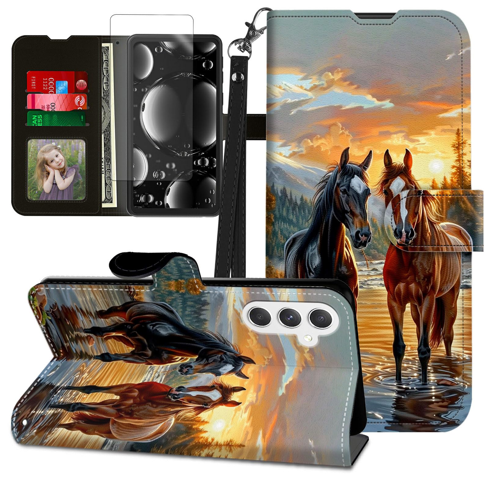 Photo 1 of BREIDMKFM for Samsung Galaxy S24 FE Case with Screen Protector & Kickstand & Card Holder & Wrist Strap,Flip Folio Cover Leather Wallet Magnetic Protective for S24FE Phone Case,Brown Horse Couple