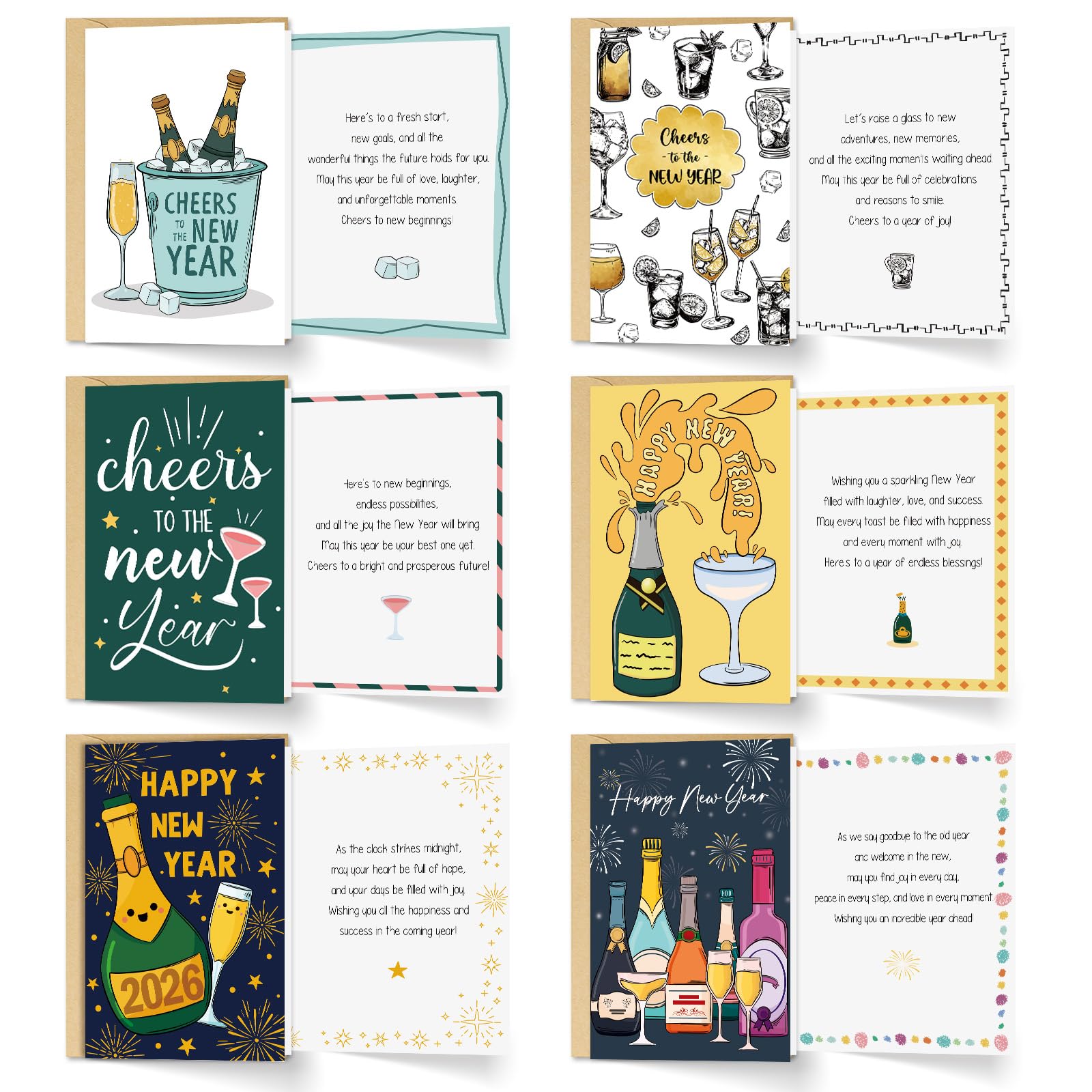 Photo 1 of 24 Pack Happy New Year Cards Bulk, Cheers to New Year Cards with Envelopes & Stickers, Boxed 4x6 Inch Holiday Greeting Card Set for Family, Friends, Business & Party Invitations, 6 Assorted Designs