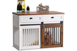 SDHYL 44 inches Dog Crate Furniture with Sliding Barn Door, Wooden Dog Kennel with 2 Drawers and Lock, Indoor Dog House for Small/Medium/Large Dogs