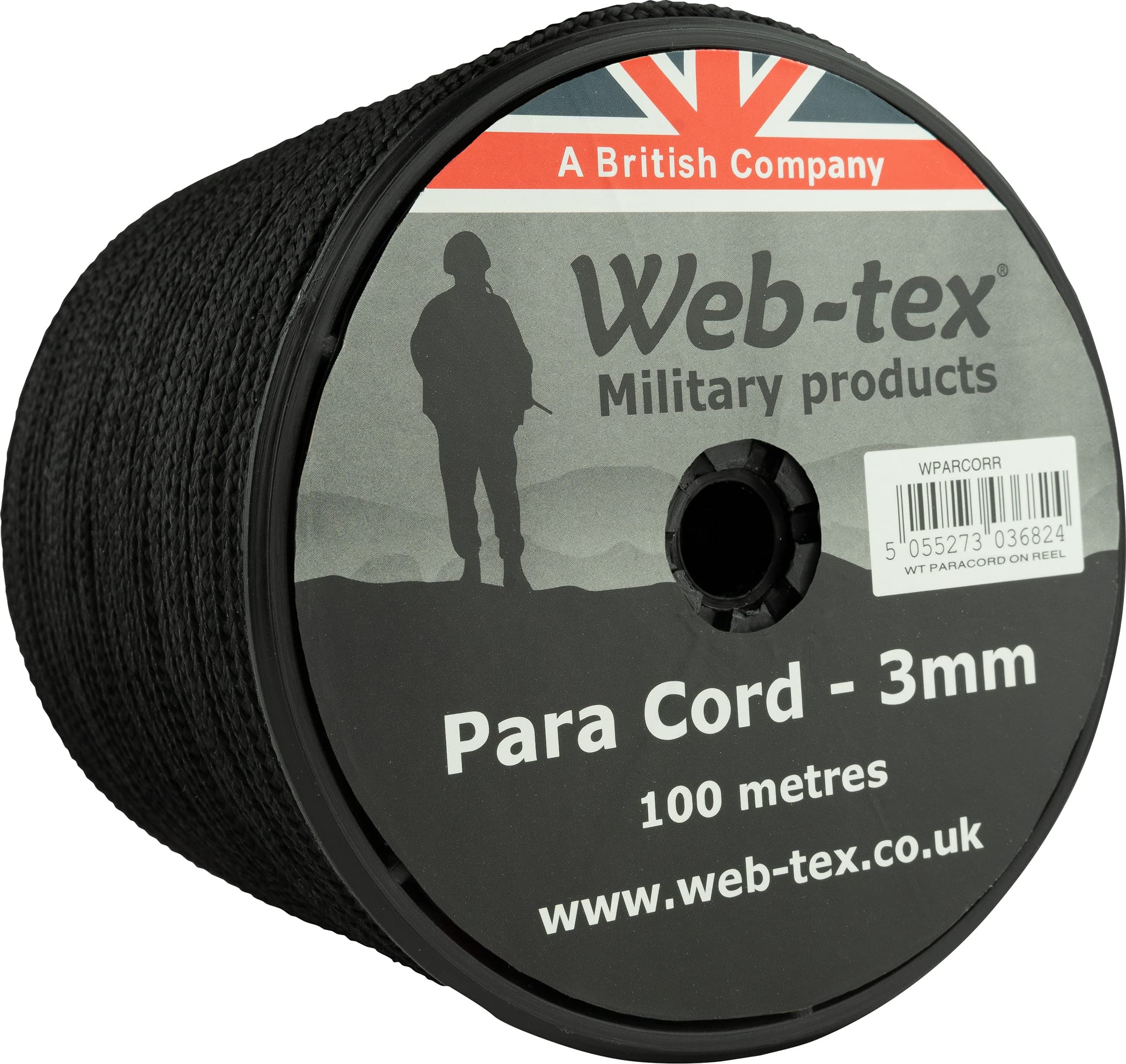 Web-tex Paracord Reel 100m x 3mm, Durable Polypropylene Parachute Cord, 70kg Breaking Strength, 330ft length – Ideal for Camping, Bushcraft, Hiking, DIY Crafts, Survival Kits, Hammocks - Black