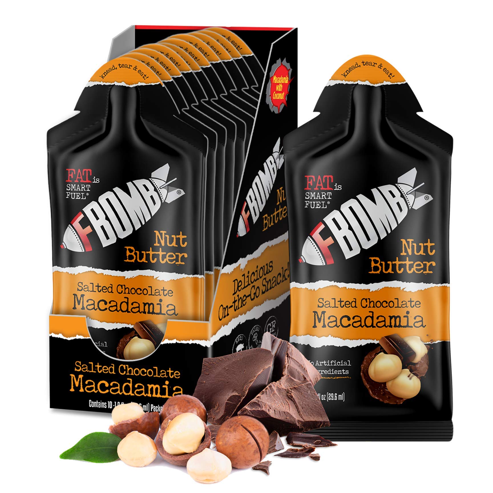 Macadamia butter. A packet of butter. salty chocolate.