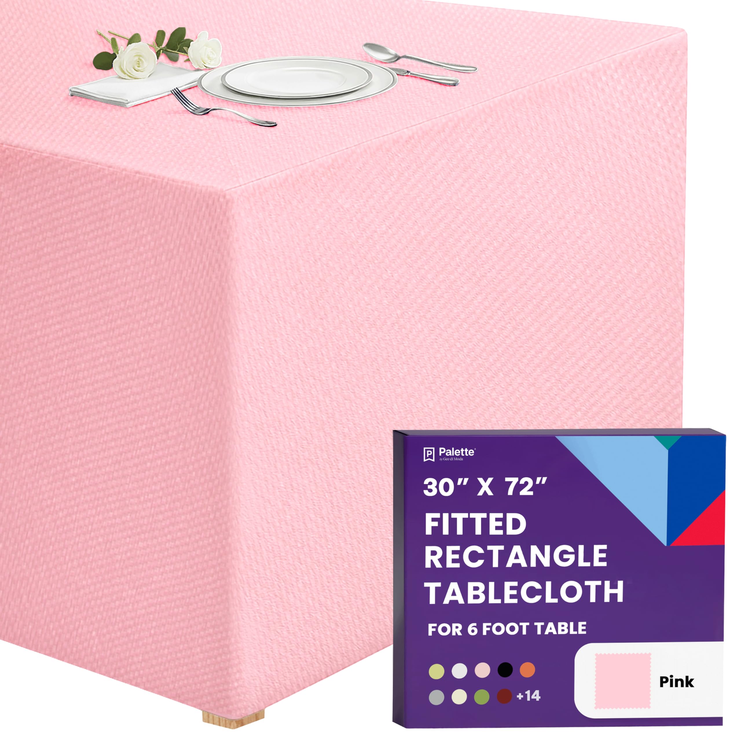 Gee Di Moda Fitted Tablecloth - 72 x 30 Inch Pink for 6 Foot Rectangle Table - Heavy Duty Washable Fabric - for 6 Ft Buffet Holiday Party Dinner Wedding & Trade Show — image 1