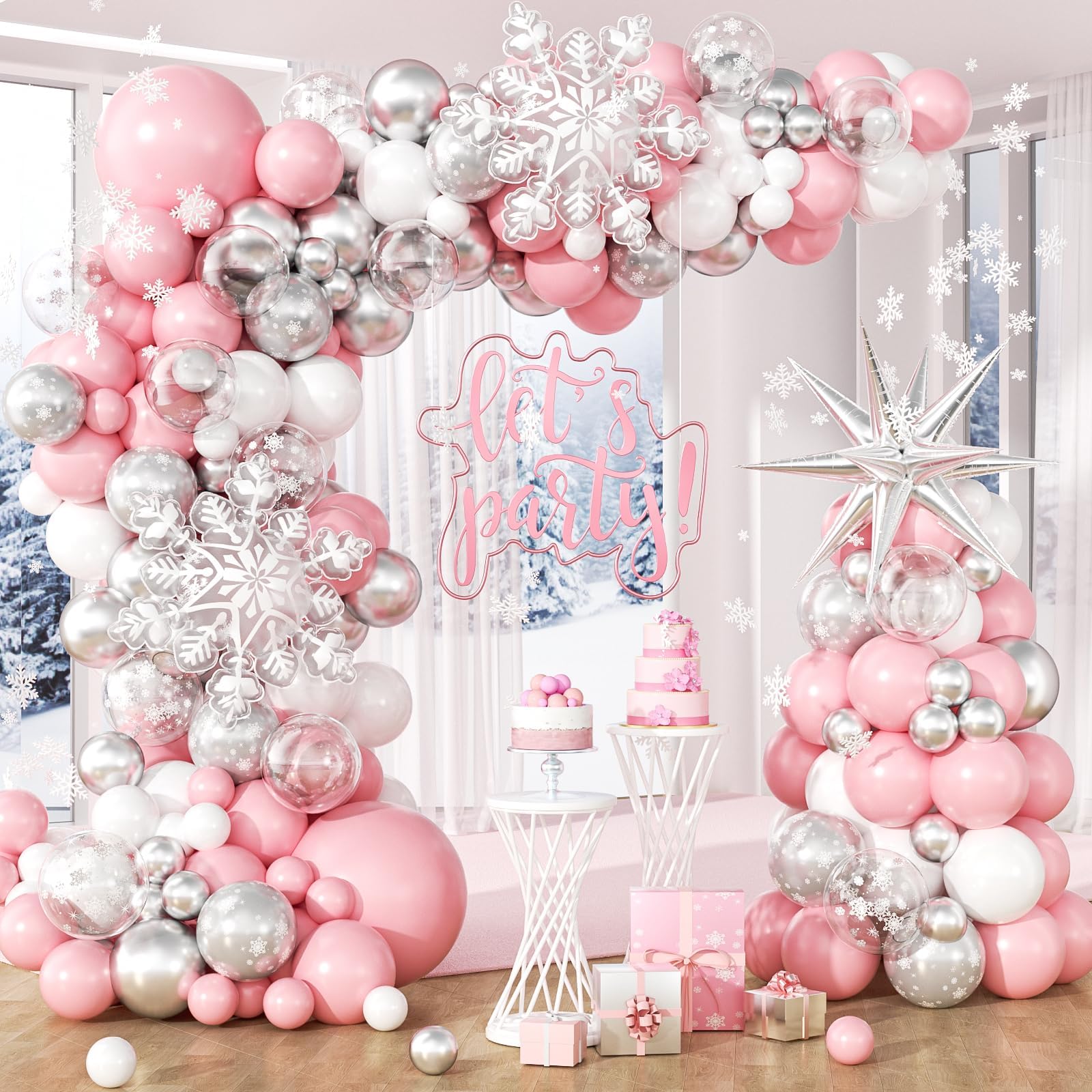 Photo 1 of 153pcs Snowflake Balloon Arch Kit, Pink Silver and White Balloons Clear Snowflake Pearl Silver Print Balloons for Pink Winter Wonderland Christmas Baby Shower Birthday Party Decorations