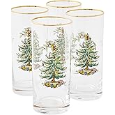 Spode Christmas Tree 15oz Highball Glasses, Set of 4 - Gold-Rimmed Elegant Holiday-Themed Glassware, Festive Holiday Drinkware for Christmas Parties, New Year’s Toasts & Festive Occasions